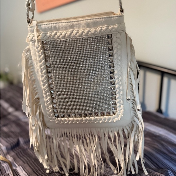 Fringed White Studded Women's Bag - Picture 1 of 5